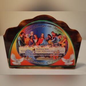 Colorful Religious Napkin Holder with Last Supper Design.